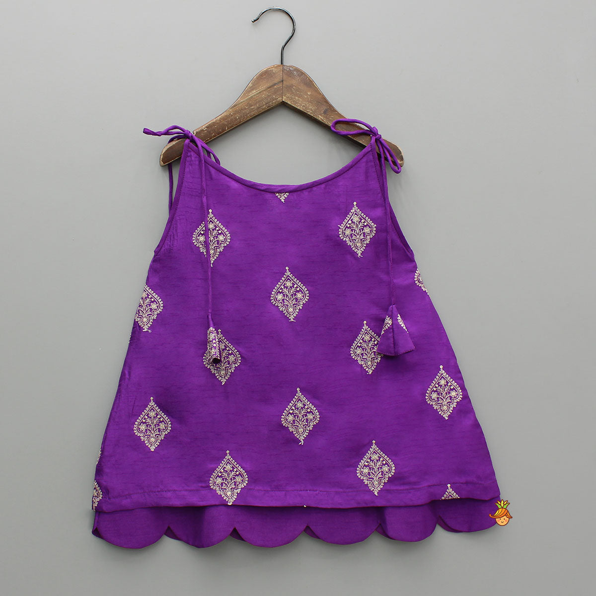 Purple Embroidered Scallop Hem Top With Sequin Striped Pants