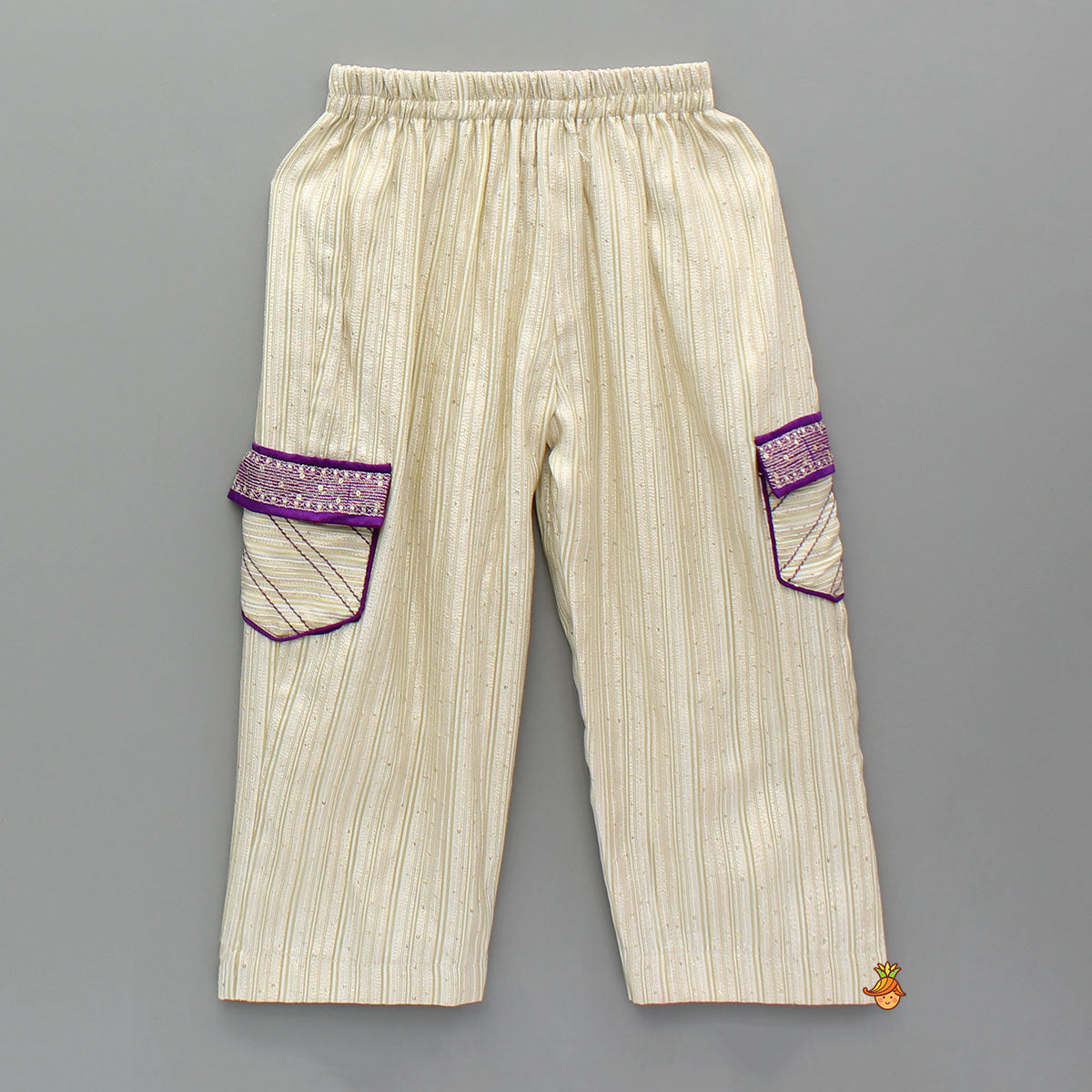 Purple Embroidered Scallop Hem Top With Sequin Striped Pants