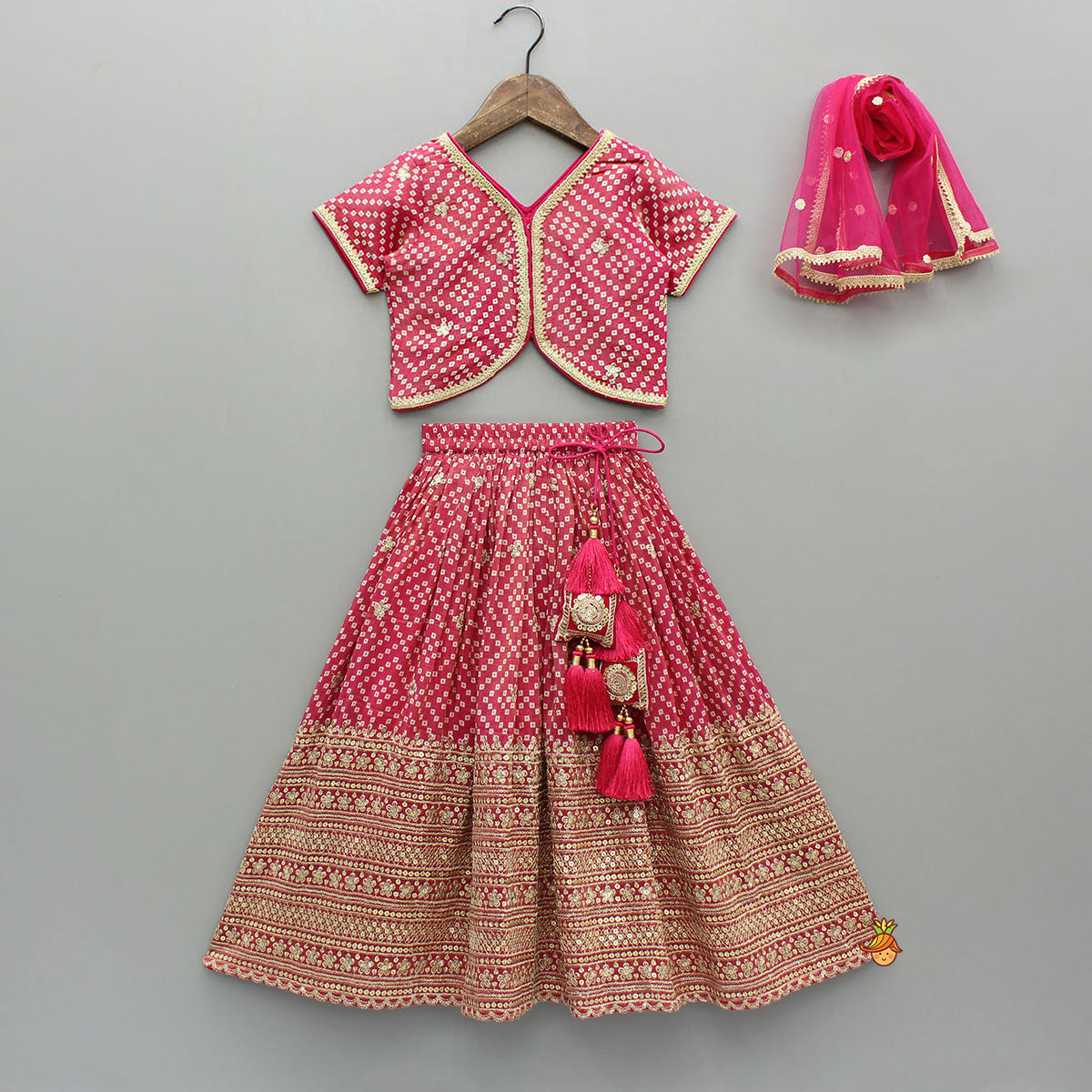 V-Neck Bandhani-Printed Pink Shimmery Top And Lehenga With Sequins Embroidered Matching Dupatta