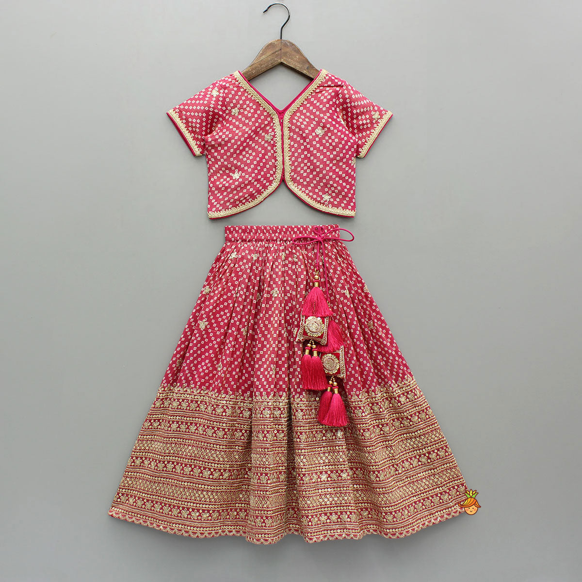V-Neck Bandhani-Printed Pink Shimmery Top And Lehenga With Sequins Embroidered Matching Dupatta