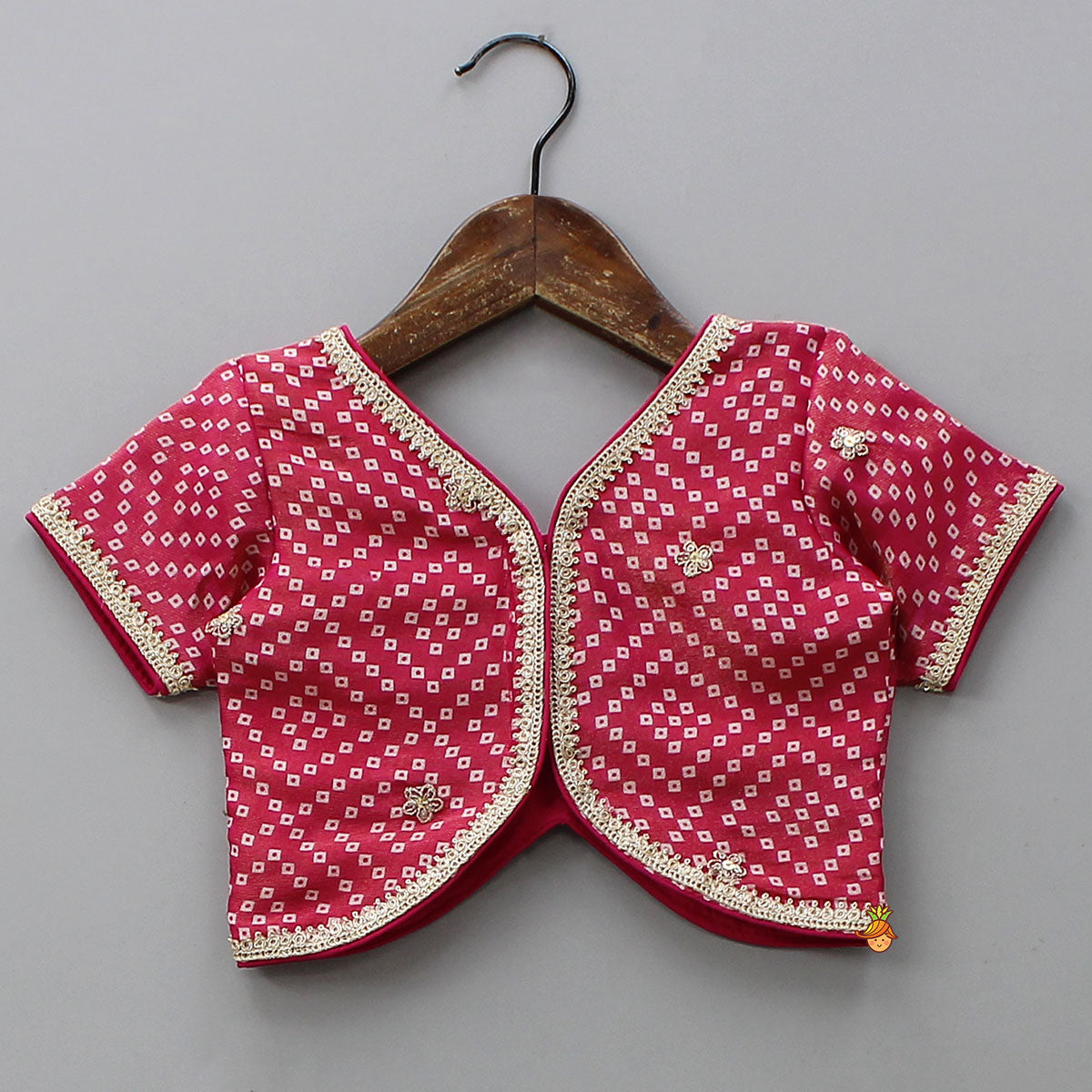 V-Neck Bandhani-Printed Pink Shimmery Top And Lehenga With Sequins Embroidered Matching Dupatta