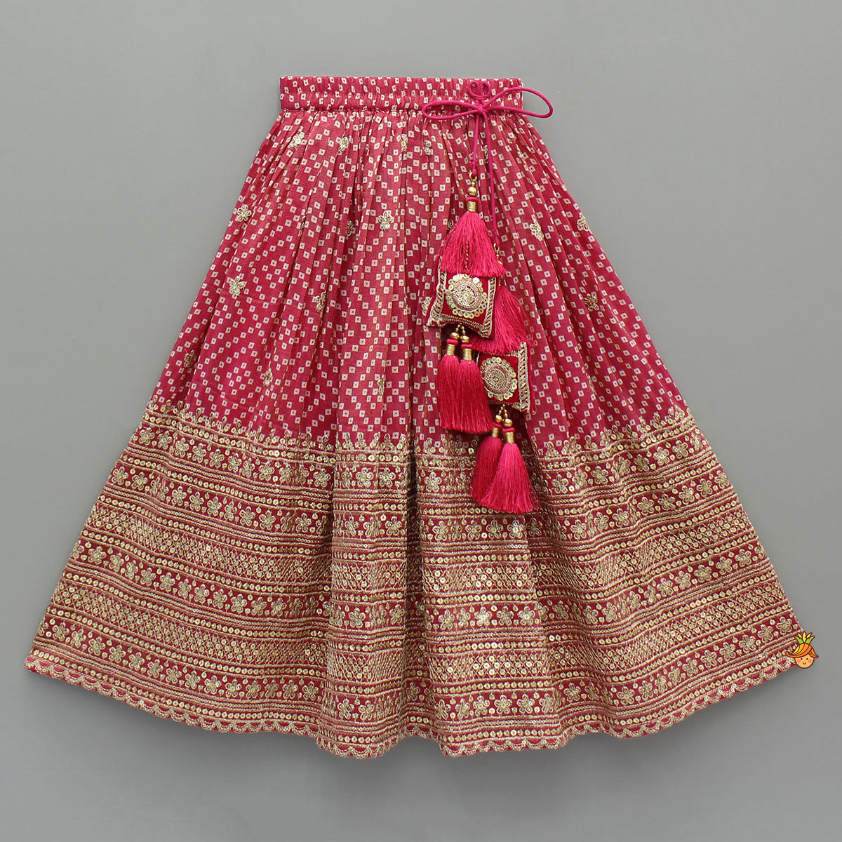 V-Neck Bandhani-Printed Pink Shimmery Top And Lehenga With Sequins Embroidered Matching Dupatta