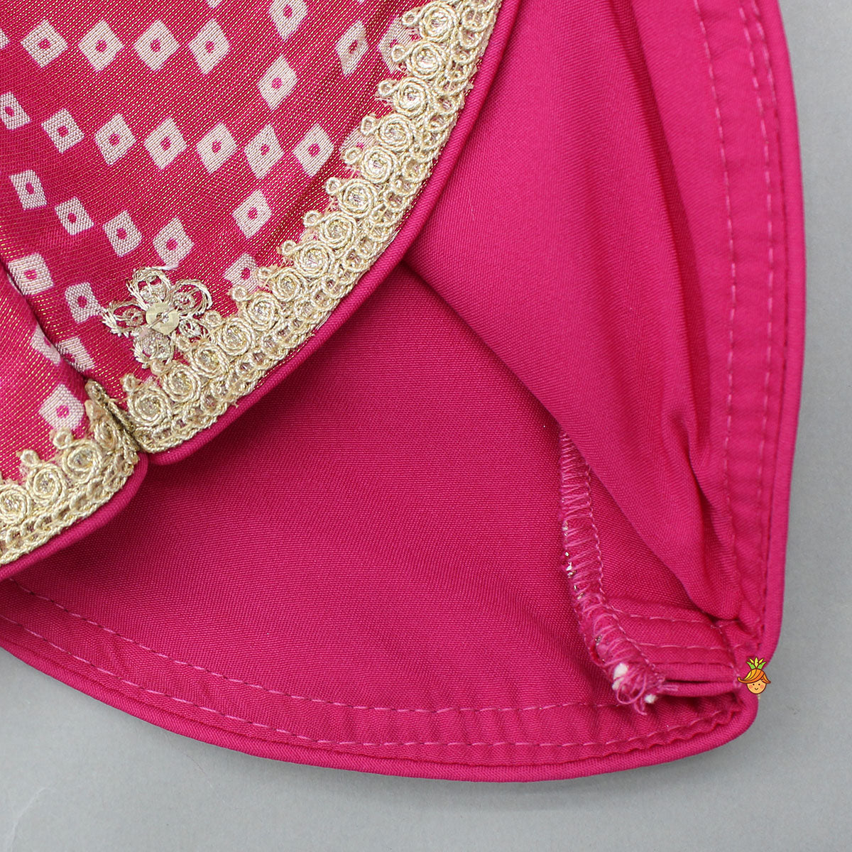V-Neck Bandhani-Printed Pink Shimmery Top And Lehenga With Sequins Embroidered Matching Dupatta