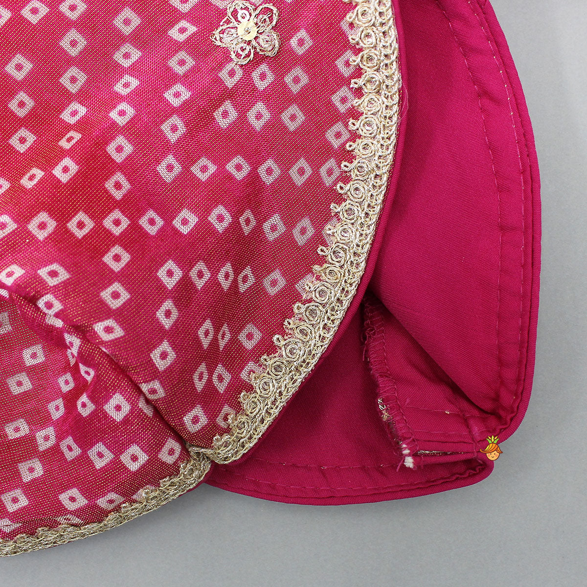 V-Neck Bandhani-Printed Pink Shimmery Top And Lehenga With Sequins Embroidered Matching Dupatta