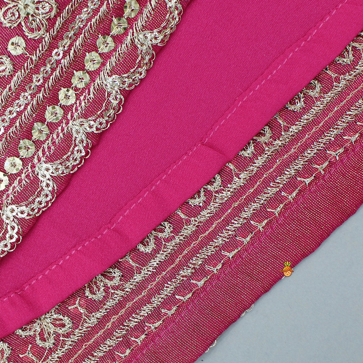 V-Neck Bandhani-Printed Pink Shimmery Top And Lehenga With Sequins Embroidered Matching Dupatta