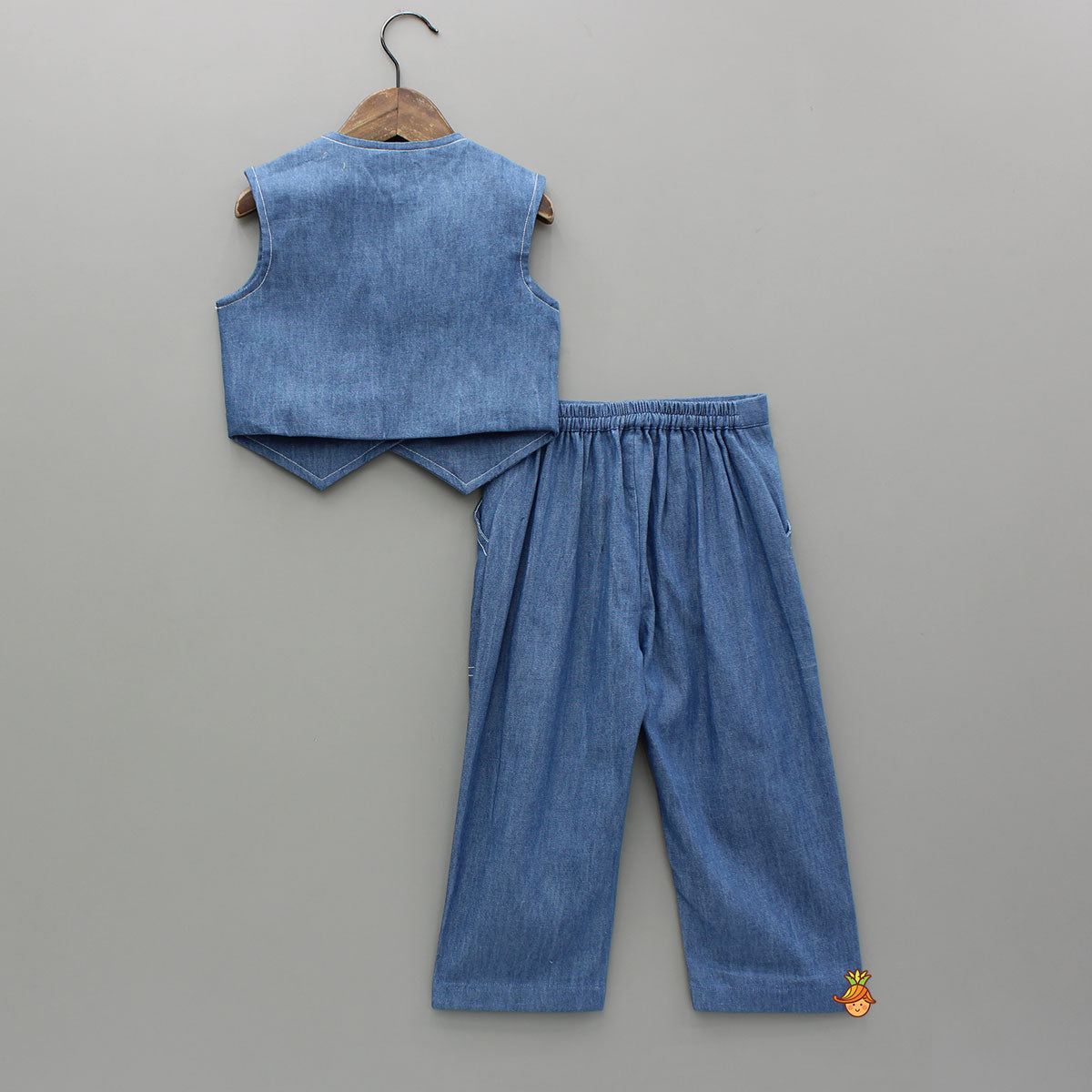 Front-Open Denim Blue Top With Pocket Detail Pant