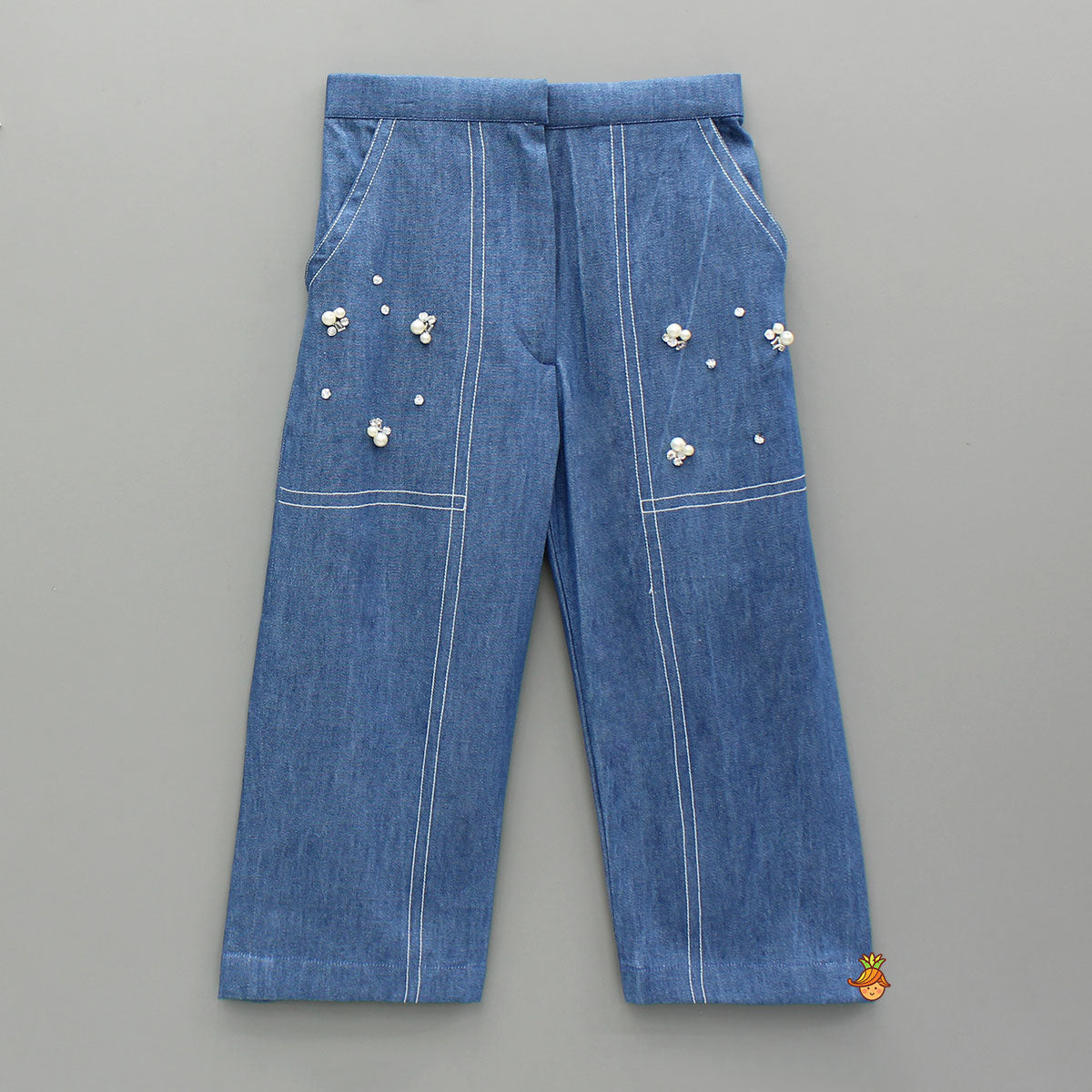 Front-Open Denim Blue Top With Pocket Detail Pant