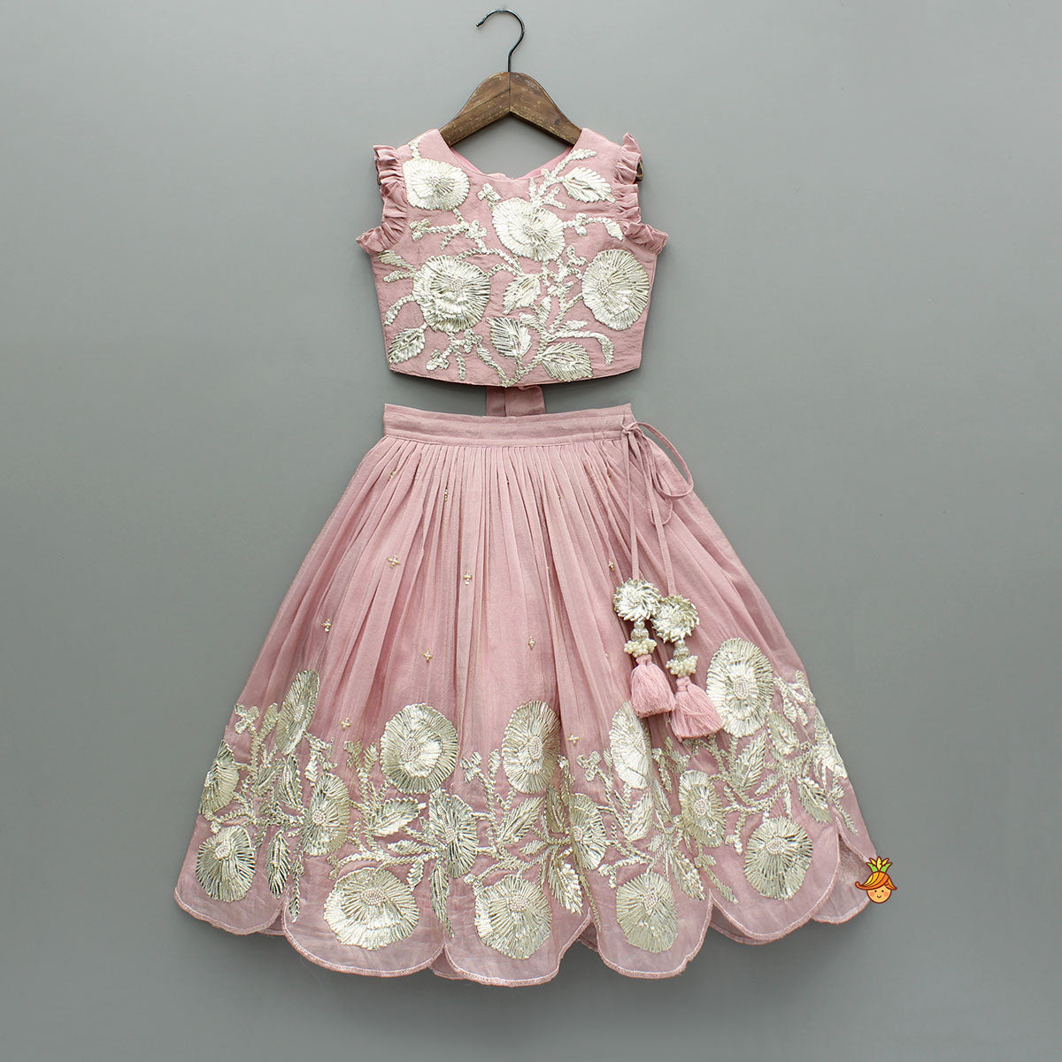 Shimmery Pink Hand Embroidered Gota Laced Top With Flared Shimmery Lehenga