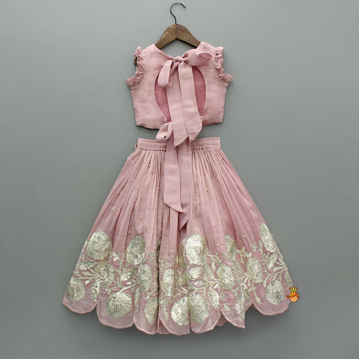 Shimmery Pink Hand Embroidered Gota Laced Top With Flared Shimmery Lehenga