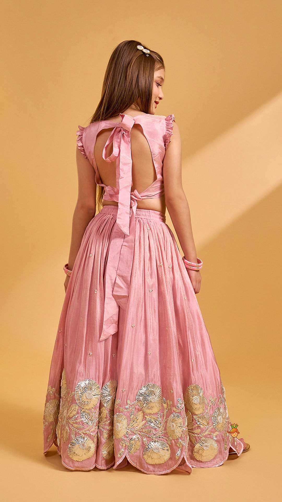 Shimmery Pink Hand Embroidered Gota Laced Top With Flared Shimmery Lehenga