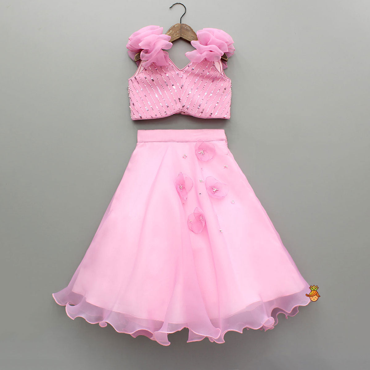 Pink Sequin Embellished Top With Lehenga