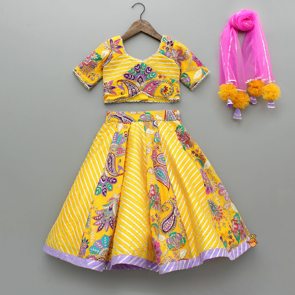 Gota Lace Detailed Yellow Top And Lehenga With Pink Net Dupatta