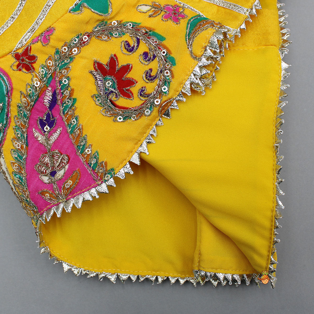 Gota Lace Detailed Yellow Top And Lehenga With Pink Net Dupatta