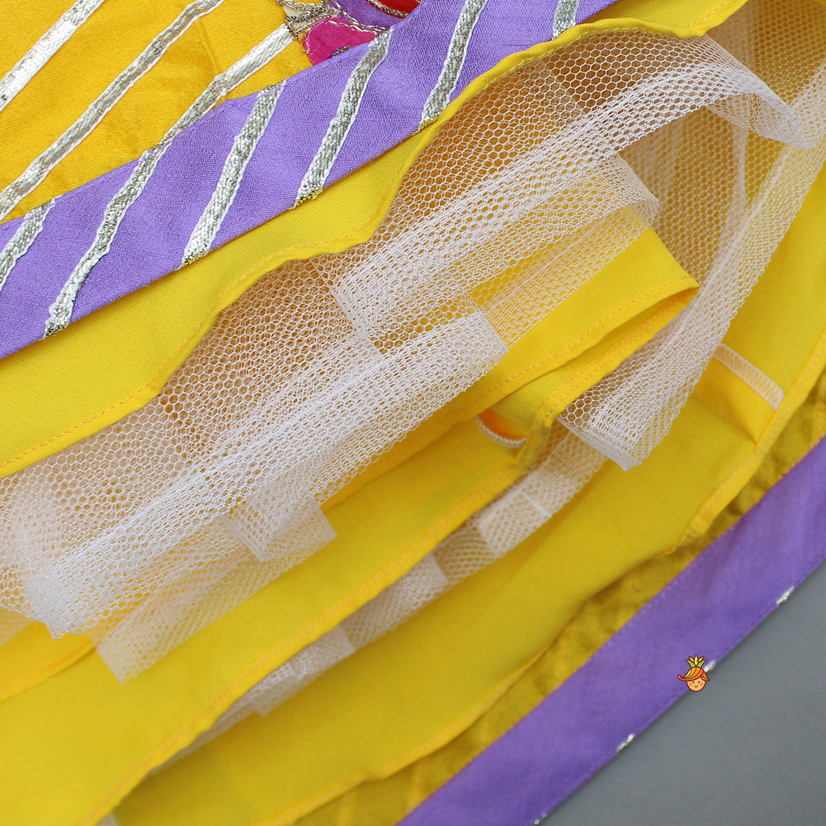 Gota Lace Detailed Yellow Top And Lehenga With Pink Net Dupatta