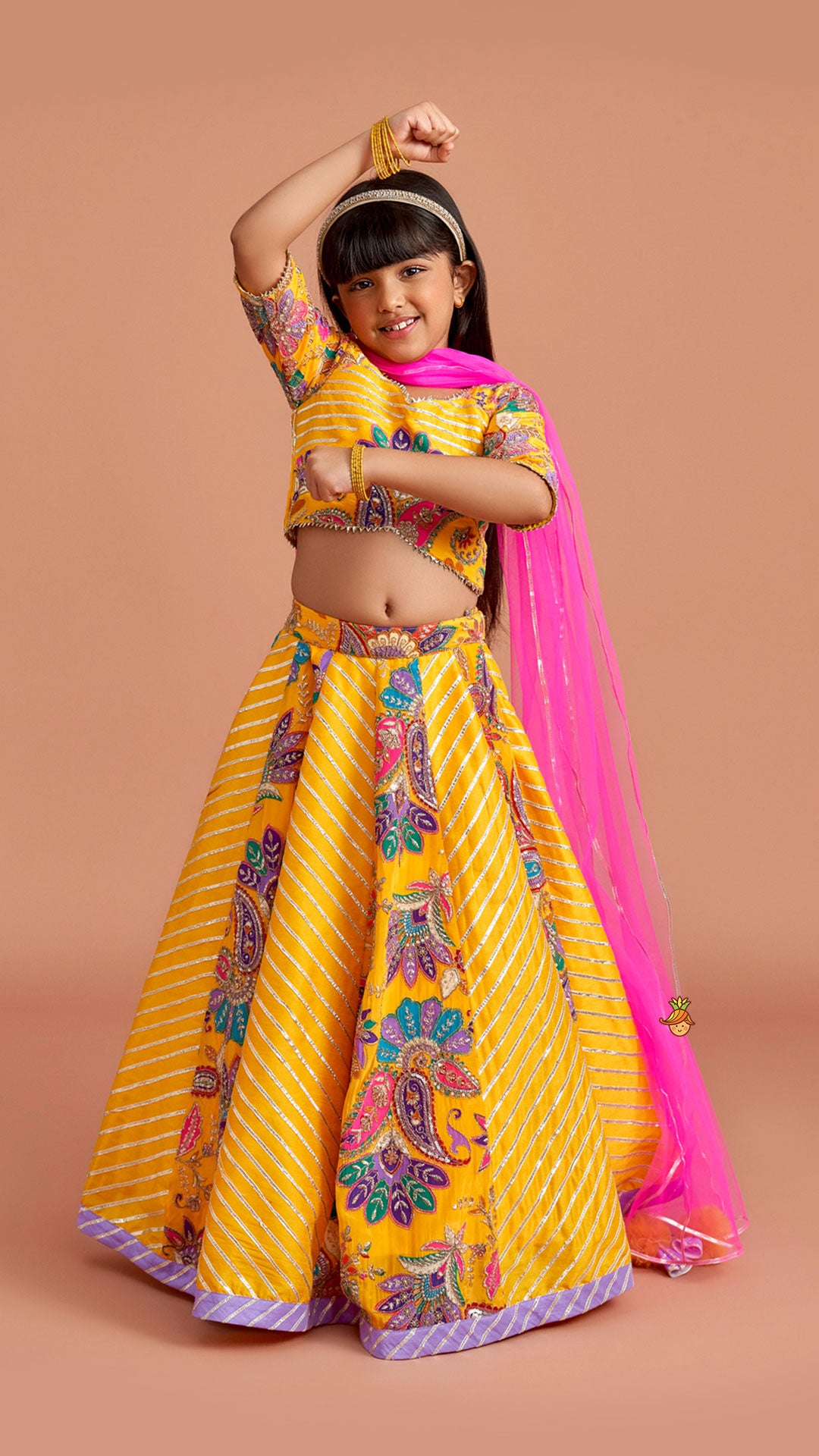 Gota Lace Detailed Yellow Top And Lehenga With Pink Net Dupatta