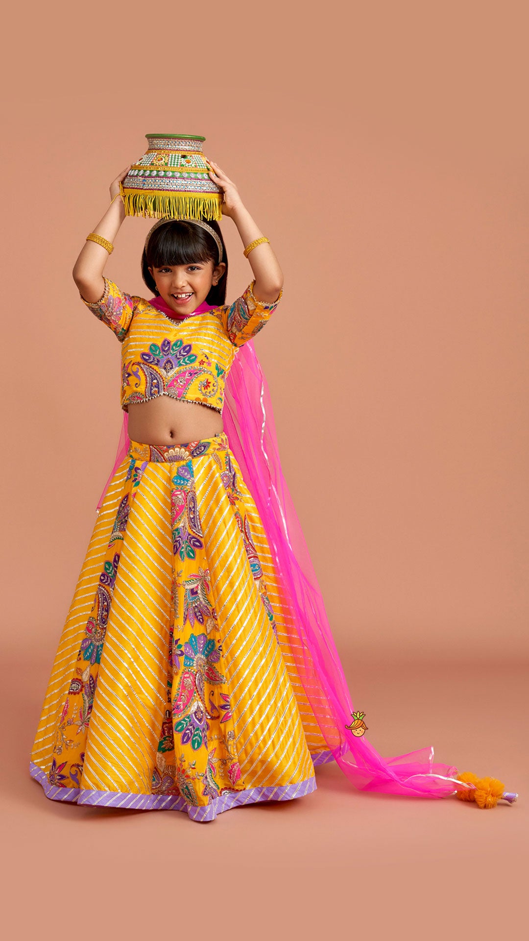 Gota Lace Detailed Yellow Top And Lehenga With Pink Net Dupatta