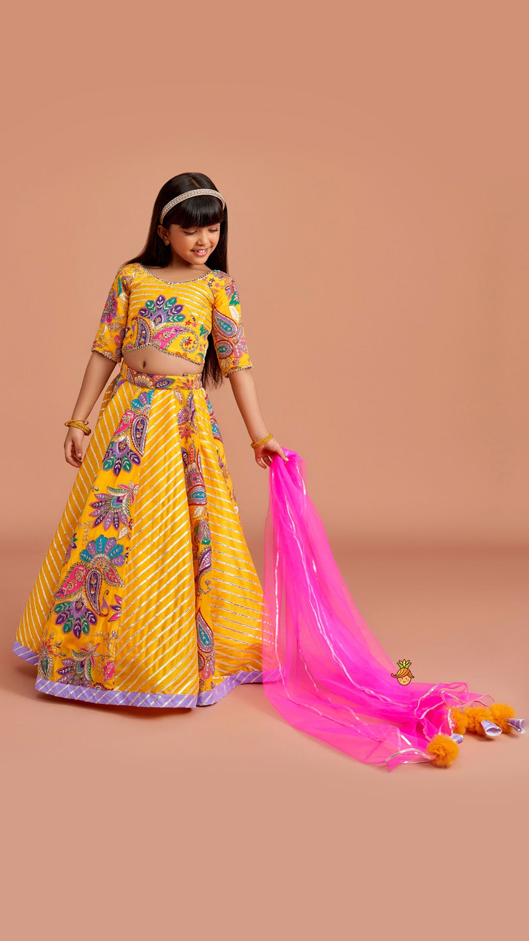 Gota Lace Detailed Yellow Top And Lehenga With Pink Net Dupatta
