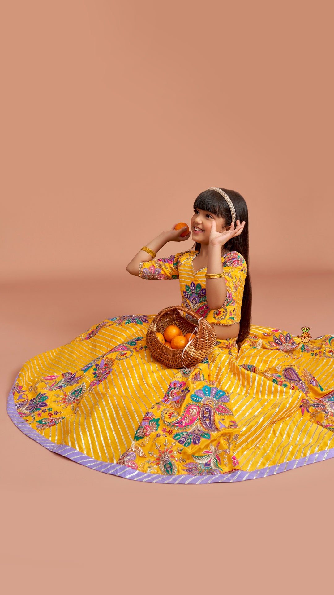 Gota Lace Detailed Yellow Top And Lehenga With Pink Net Dupatta