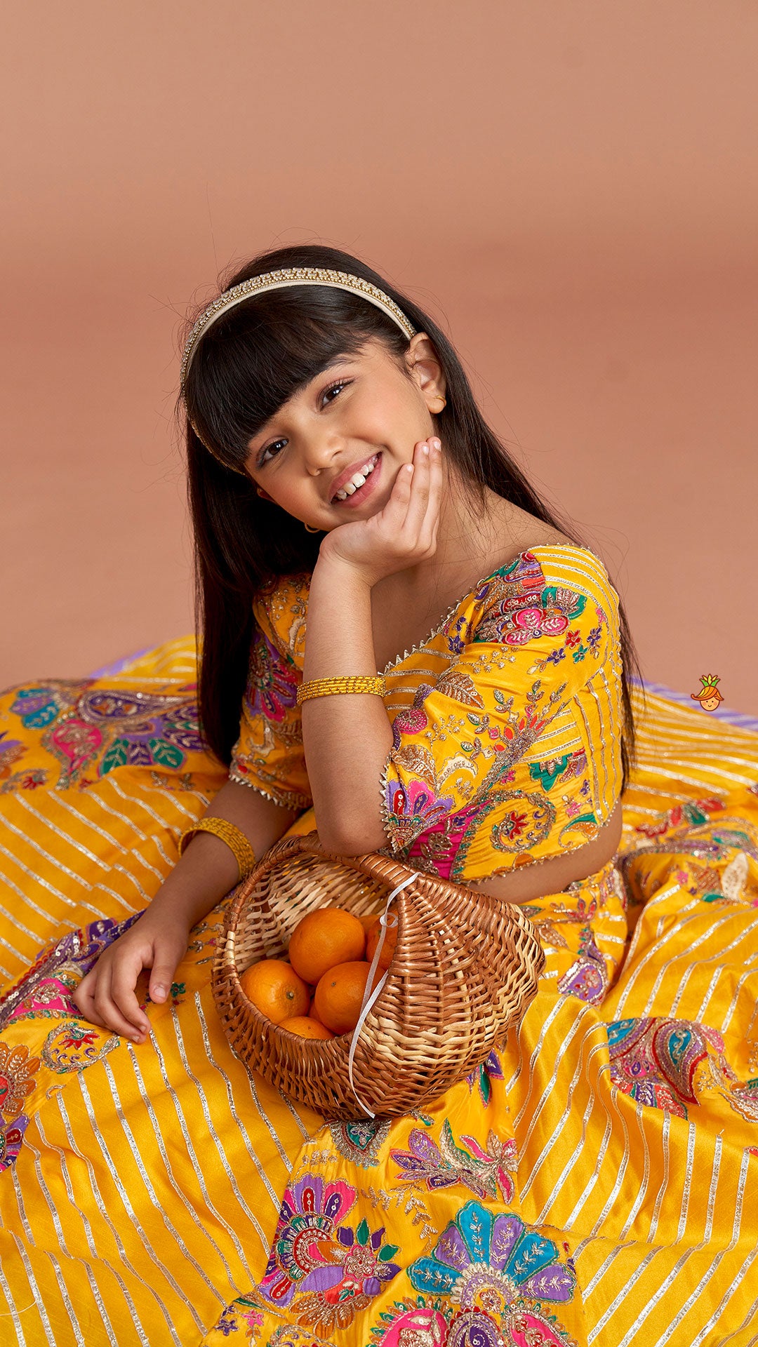 Gota Lace Detailed Yellow Top And Lehenga With Pink Net Dupatta