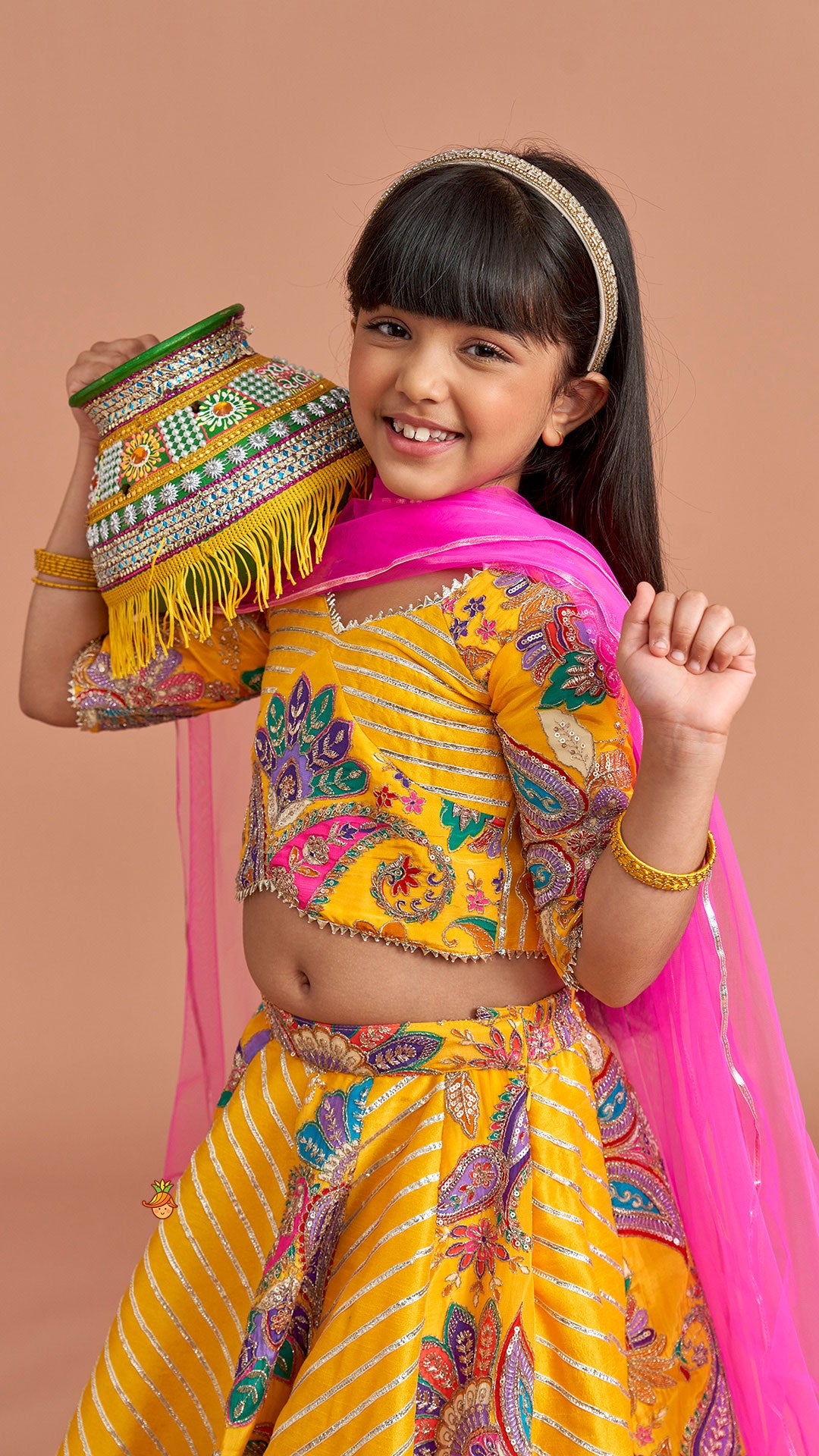Gota Lace Detailed Yellow Top And Lehenga With Pink Net Dupatta