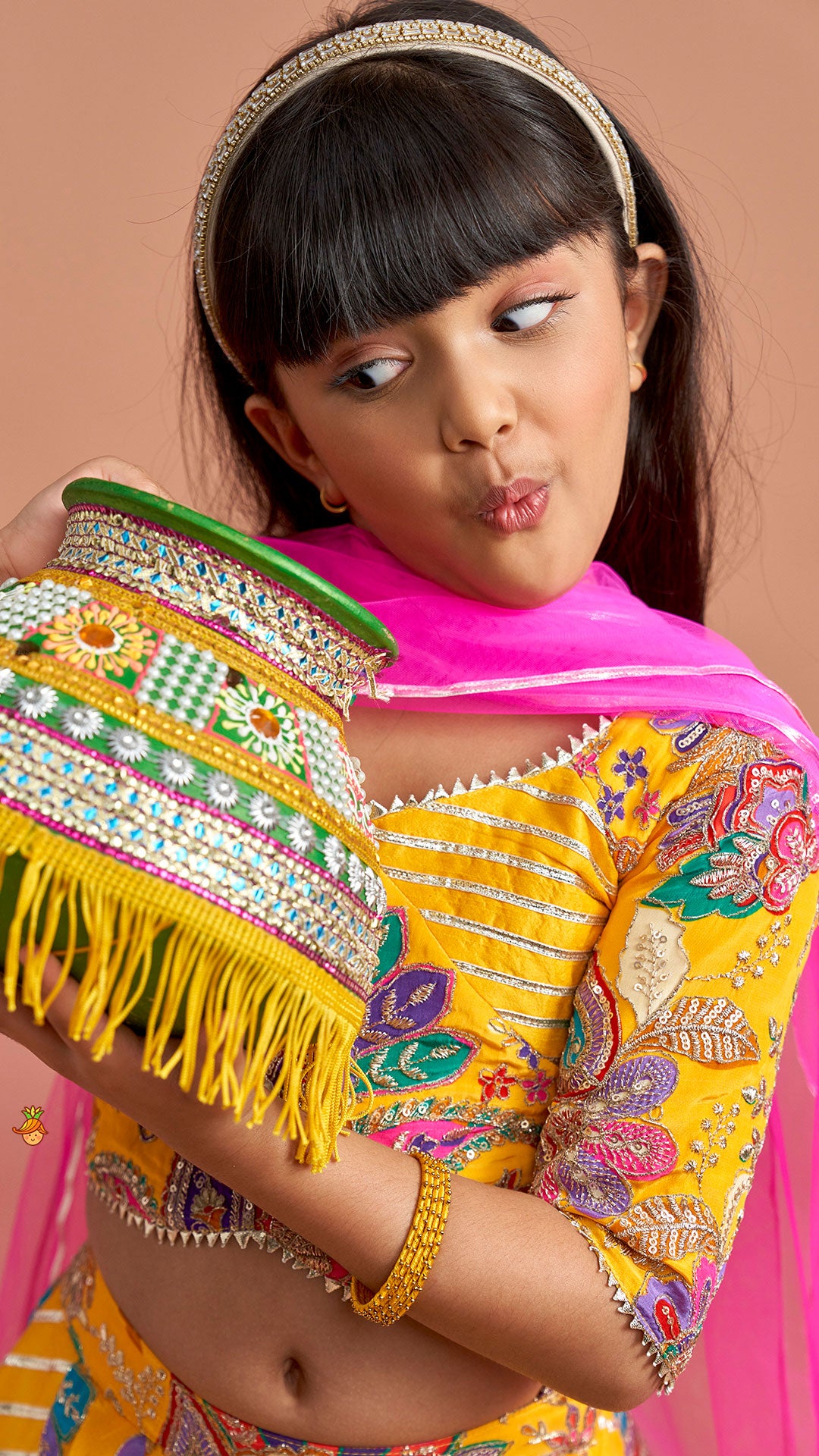 Gota Lace Detailed Yellow Top And Lehenga With Pink Net Dupatta