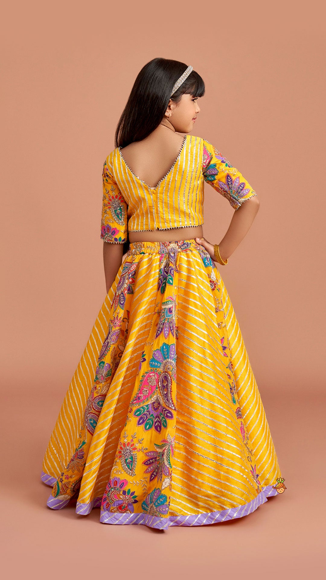 Gota Lace Detailed Yellow Top And Lehenga With Pink Net Dupatta