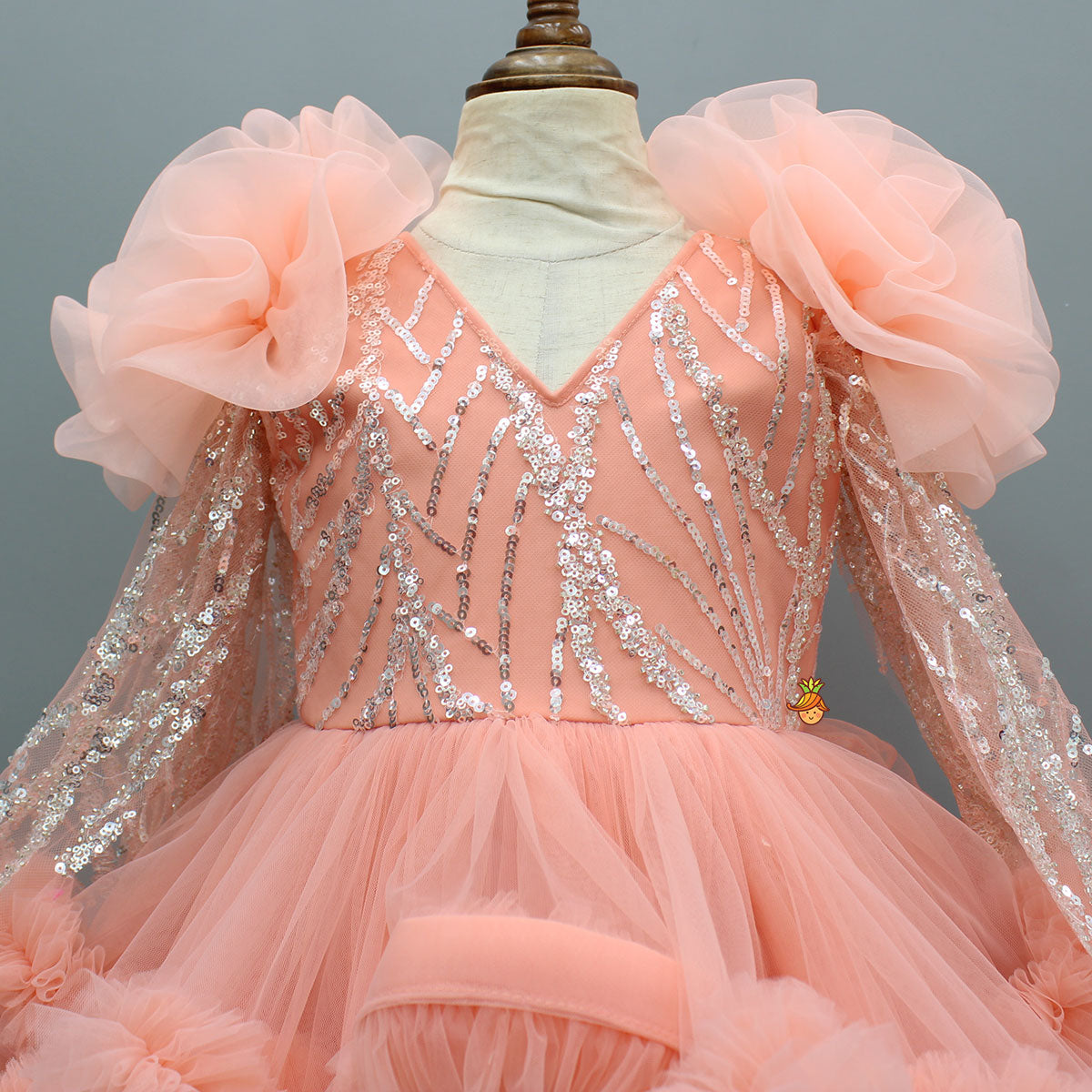 Sequins Embellished Long Sleeved Layered Gown
