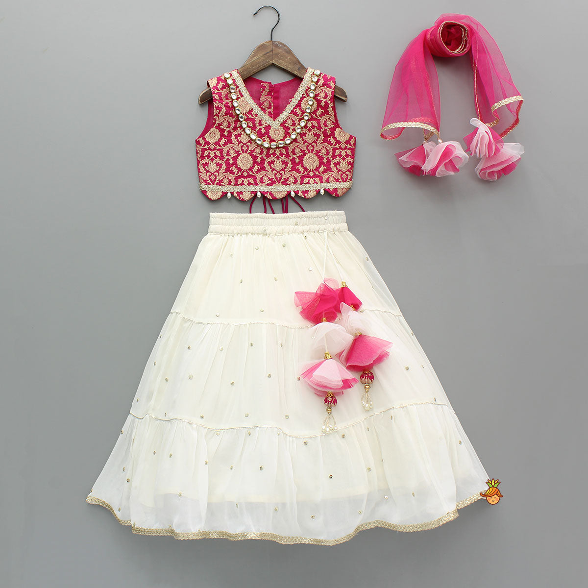Pink Brocade Top With Off White Lehenga And Dupatta