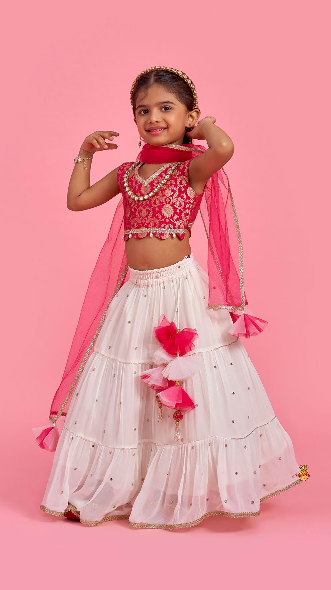 Pink Brocade Top With Off White Lehenga And Dupatta