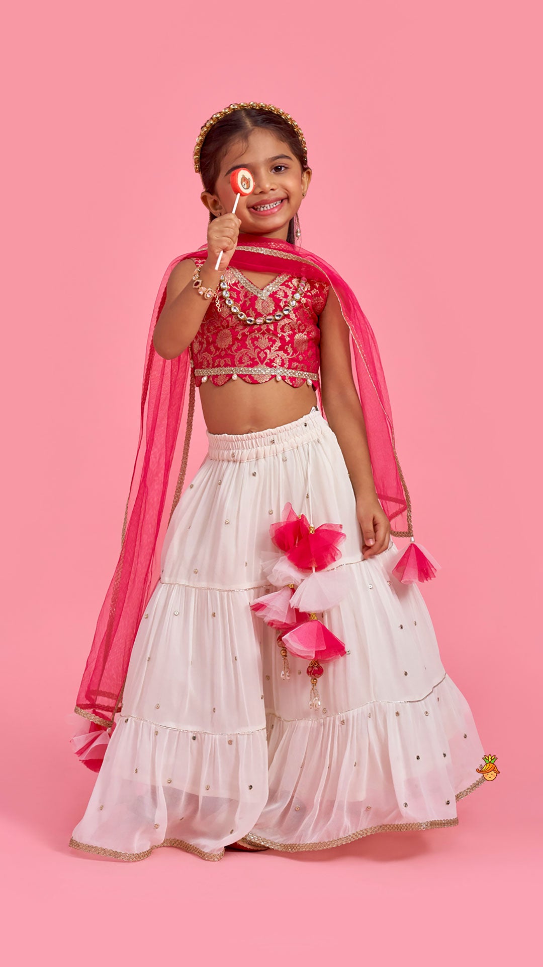 Pink Brocade Top With Off White Lehenga And Dupatta