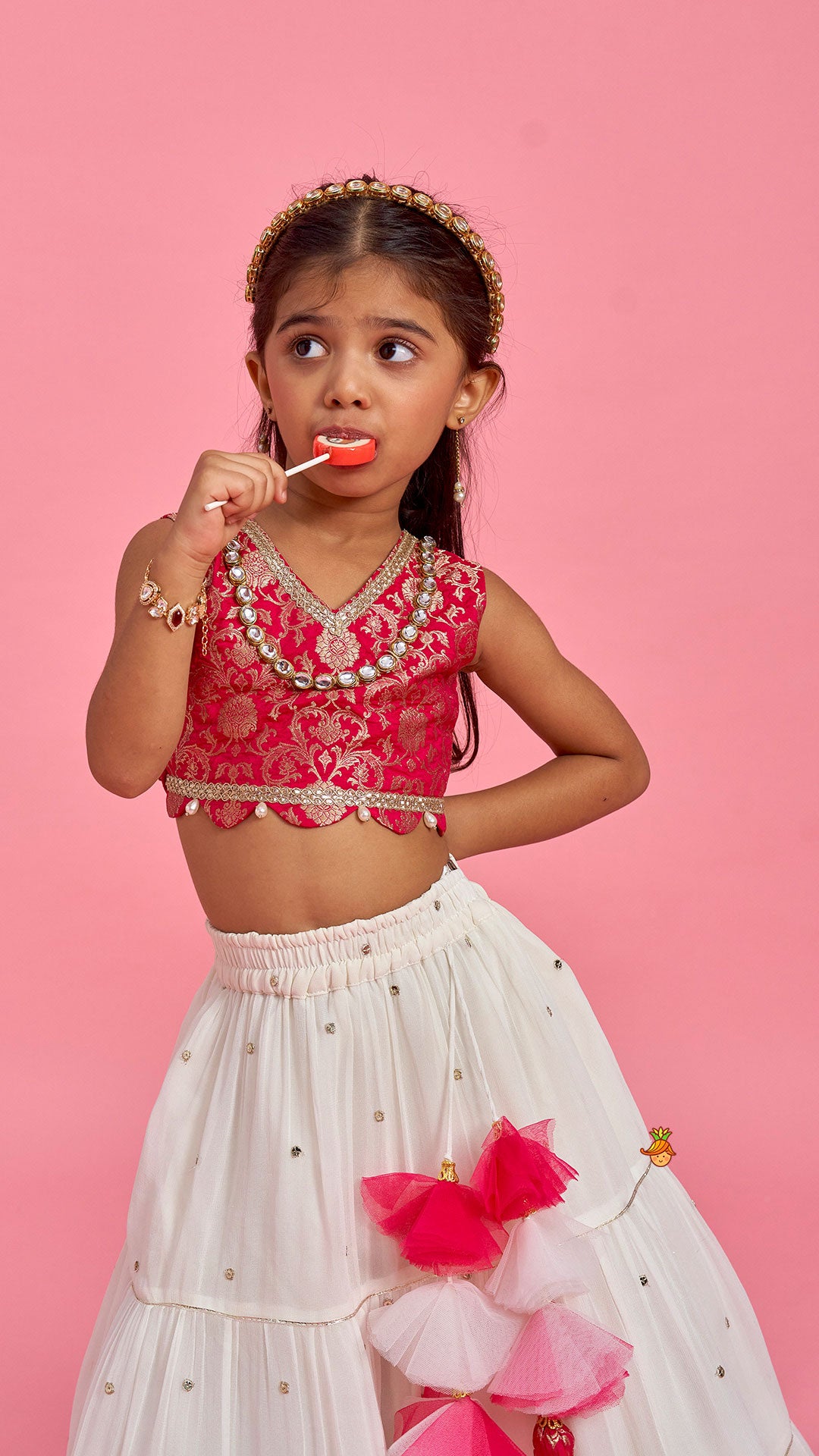 Pink Brocade Top With Off White Lehenga And Dupatta