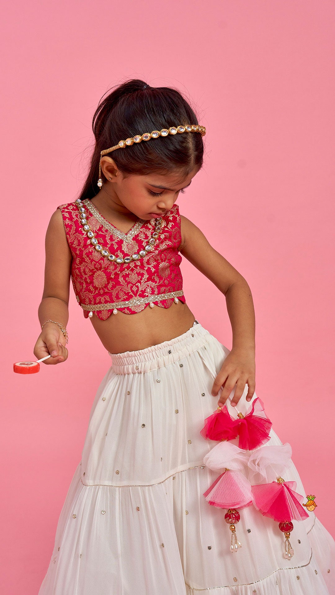 Pink Brocade Top With Off White Lehenga And Dupatta