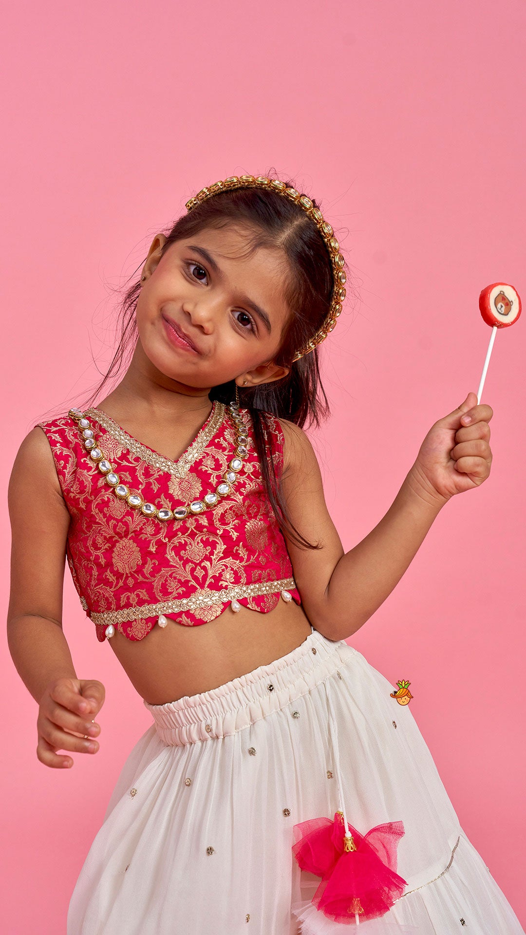 Pink Brocade Top With Off White Lehenga And Dupatta