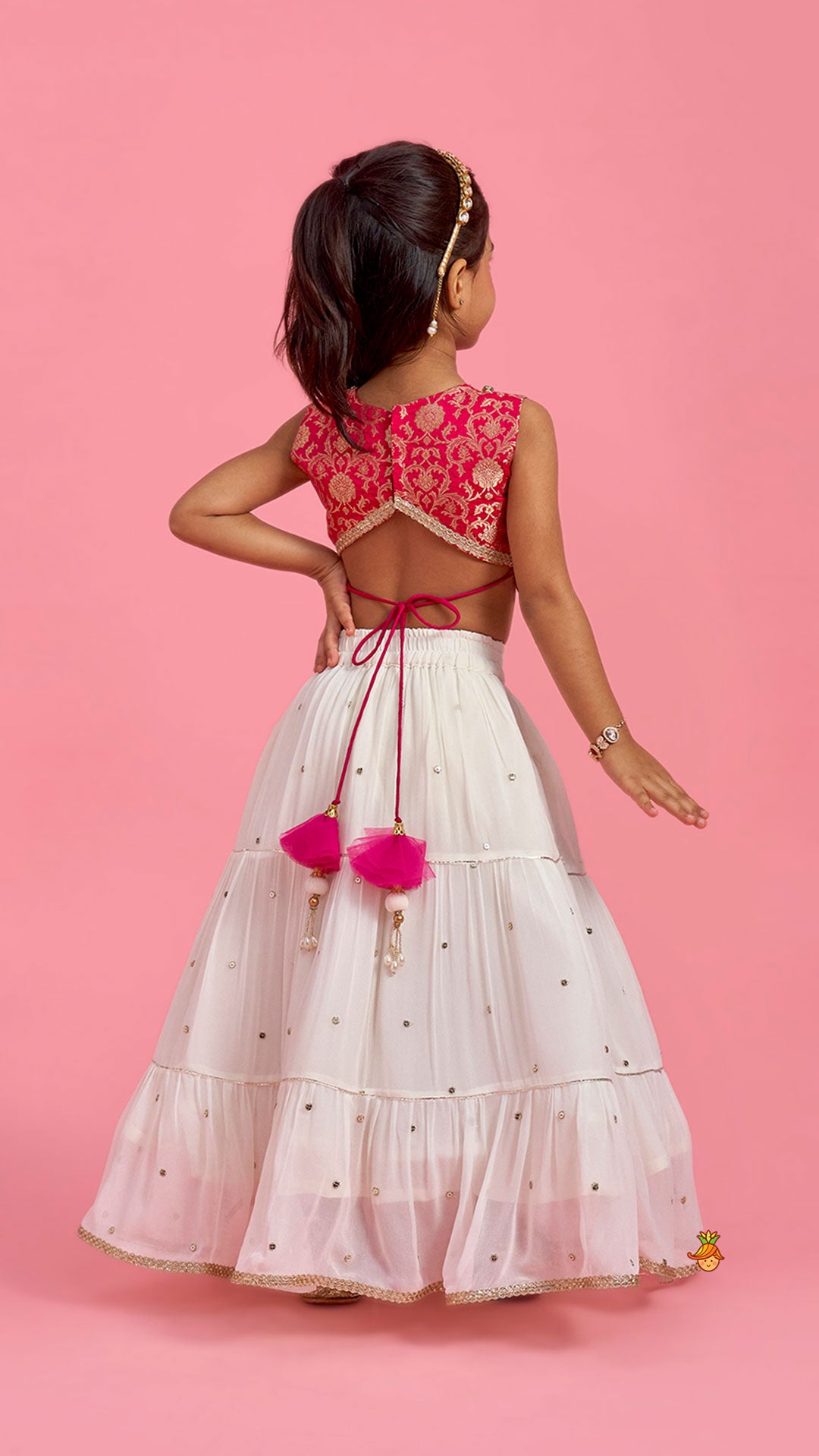 Pink Brocade Top With Off White Lehenga And Dupatta
