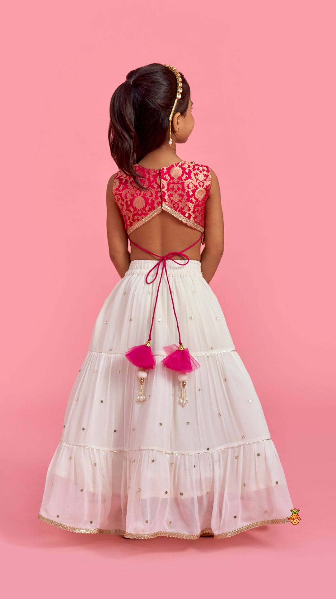 Pink Brocade Top With Off White Lehenga And Dupatta