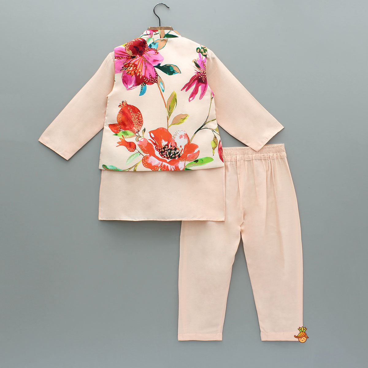 Peach Kurta With Front Printed Jacket And Pyjama