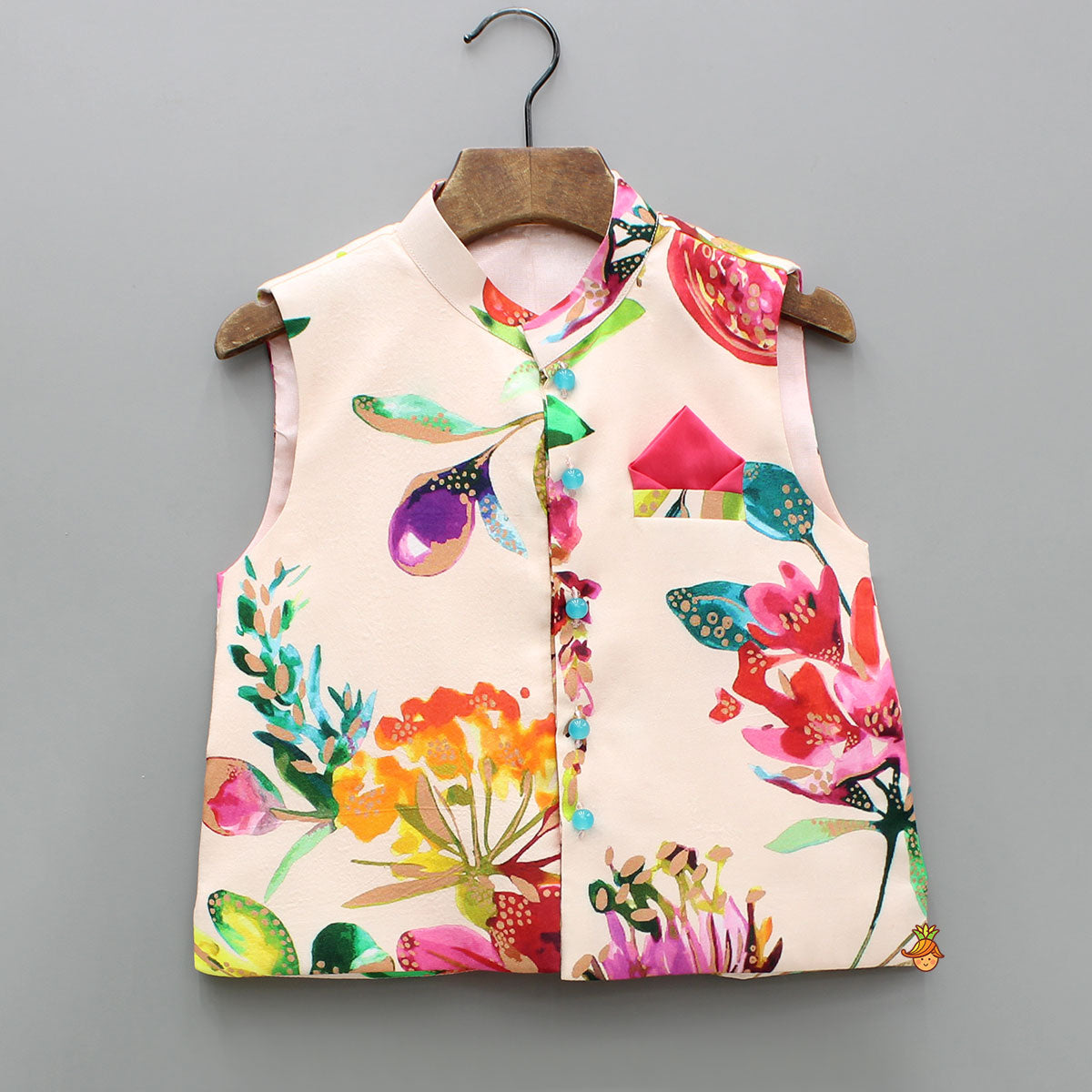 Peach Kurta With Front Printed Jacket And Pyjama