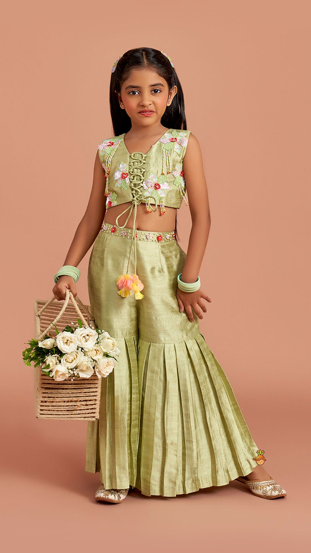 Multicolor Beaded Criss Cross Tie Up Top With Pleated Sharara