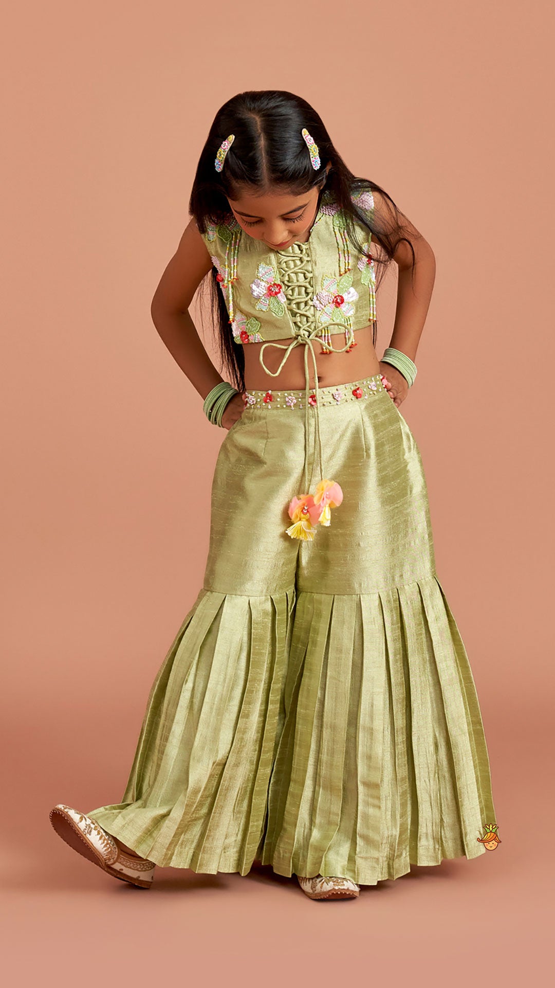 Multicolor Beaded Criss Cross Tie Up Top With Pleated Sharara