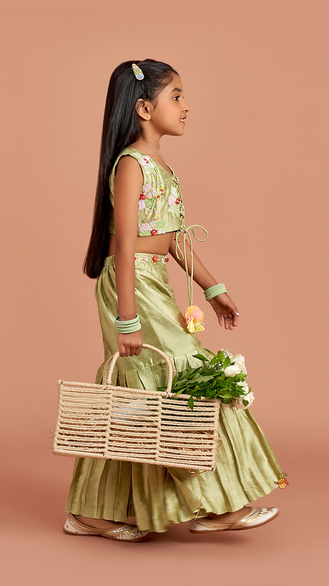 Multicolor Beaded Criss Cross Tie Up Top With Pleated Sharara