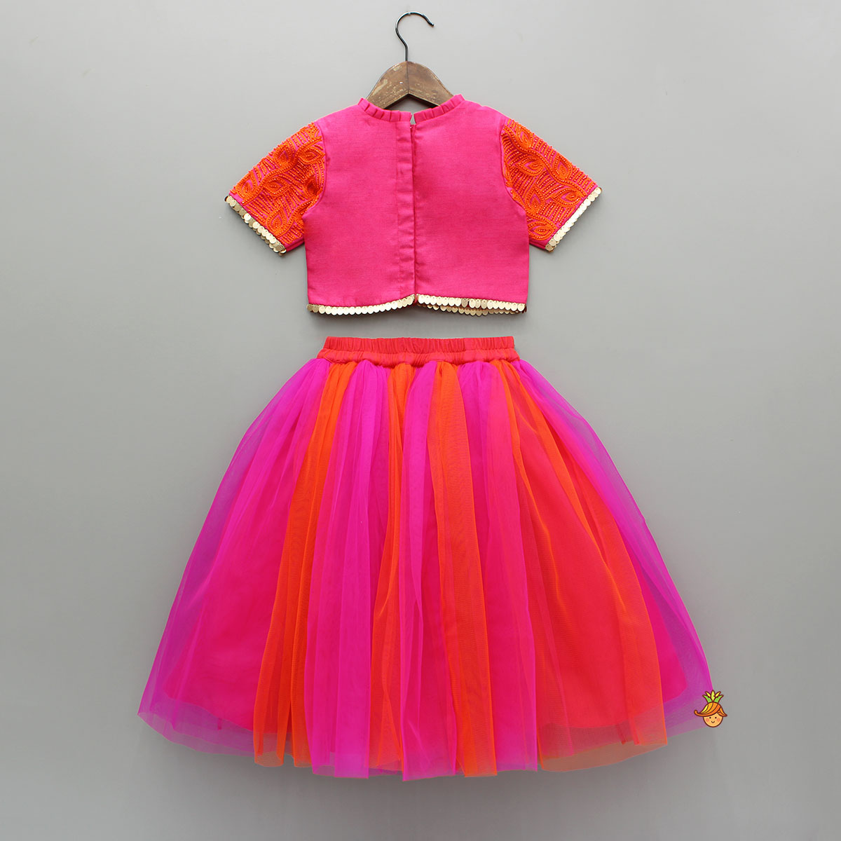 Orange Hand Embroidered Pink Top With Lehenga And Dupatta