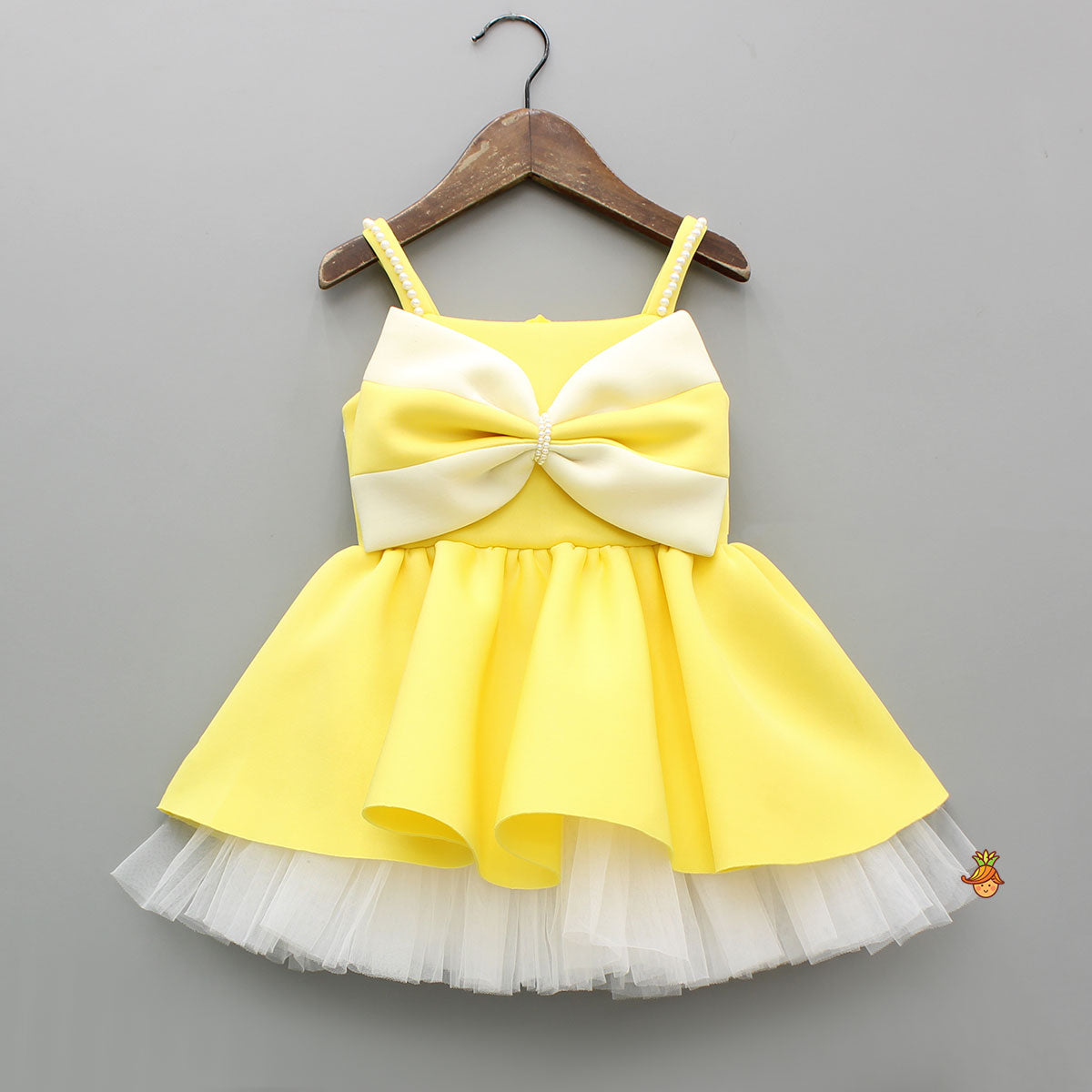 Bow Embellished Yellow Strappy Flared Dress