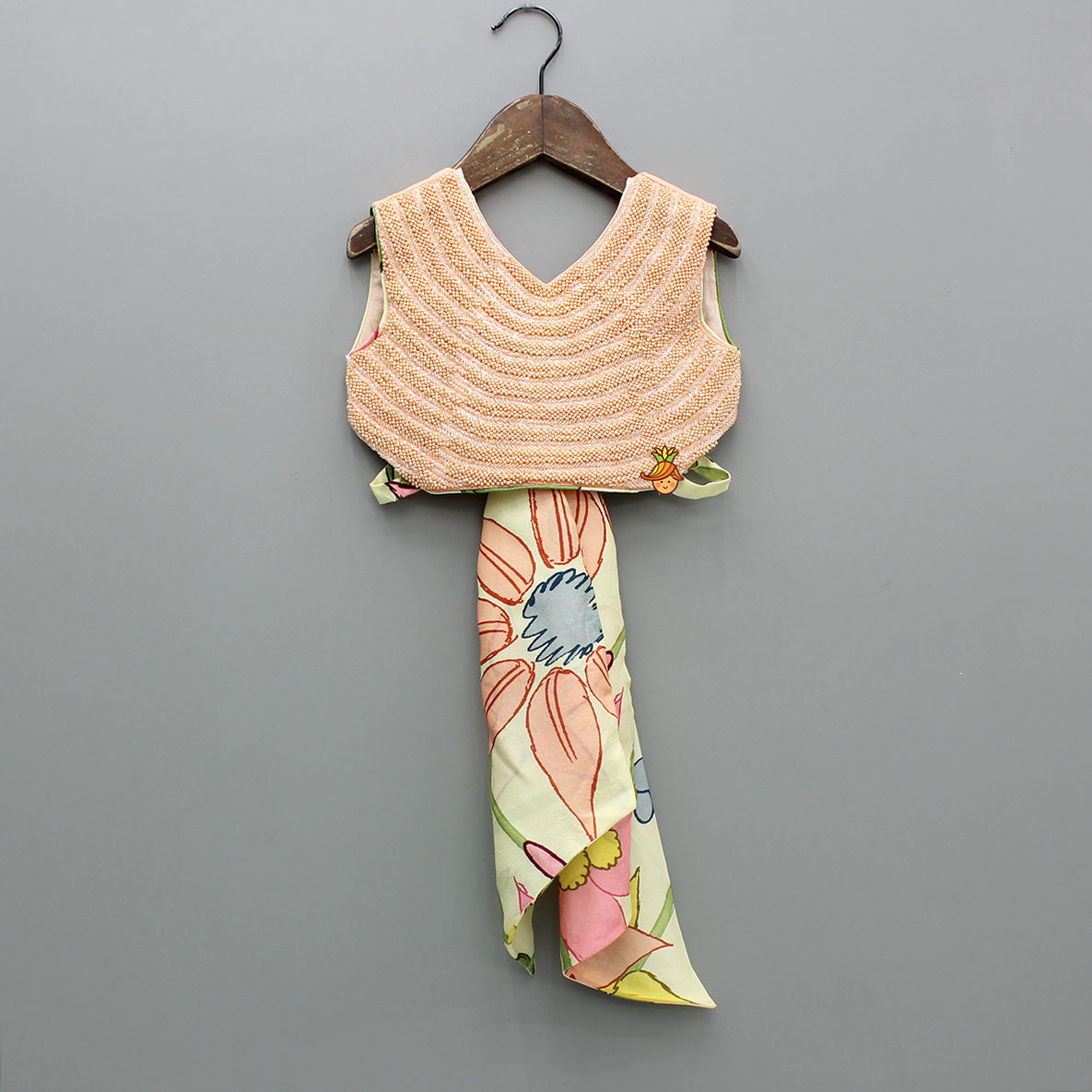 Beaded Shimmery Lace Detailed Peach Top And Printed Lehenga