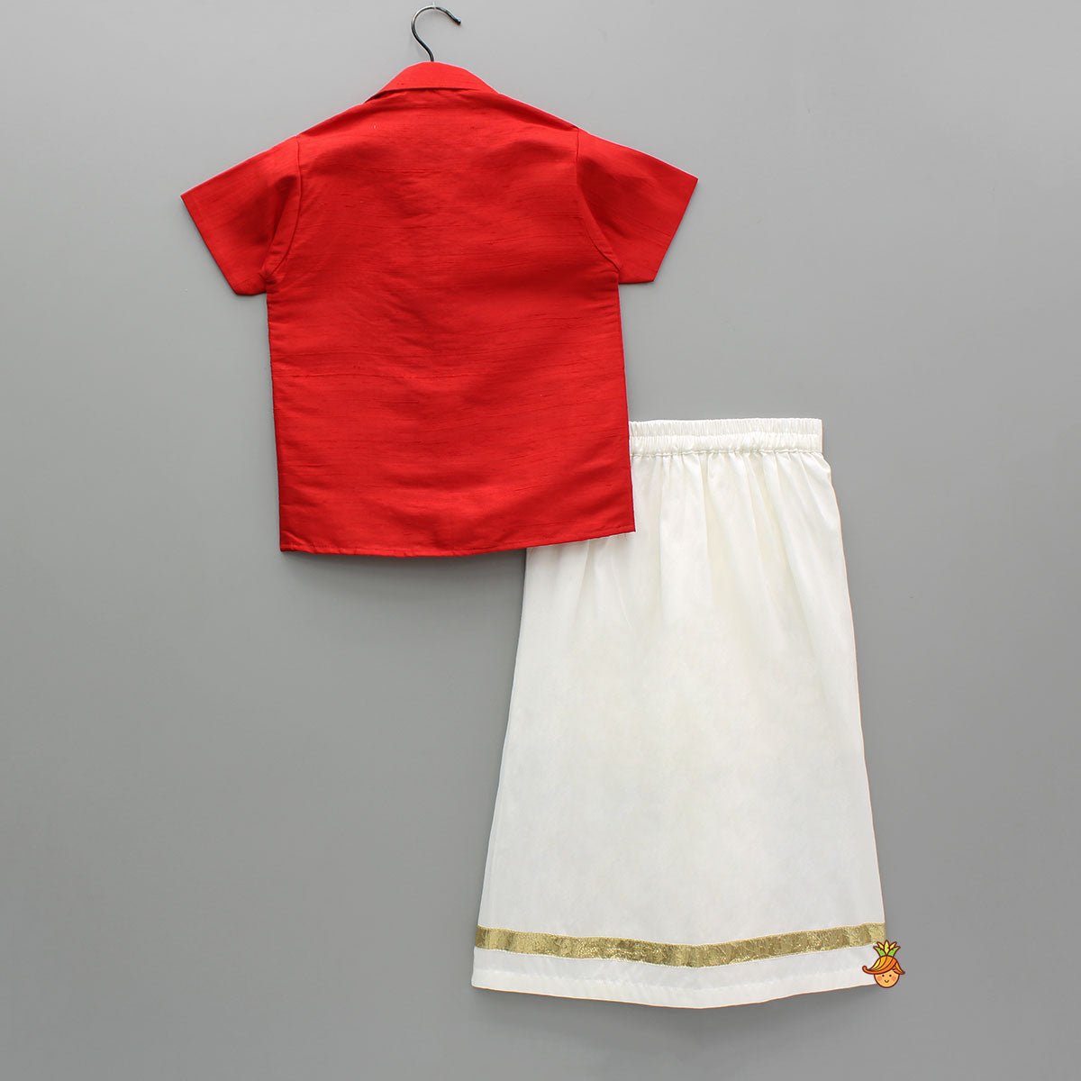 Multicolor Elephant Embroidered Red Mundu Shirt With Lungi And Angavastram (Shawl) Set