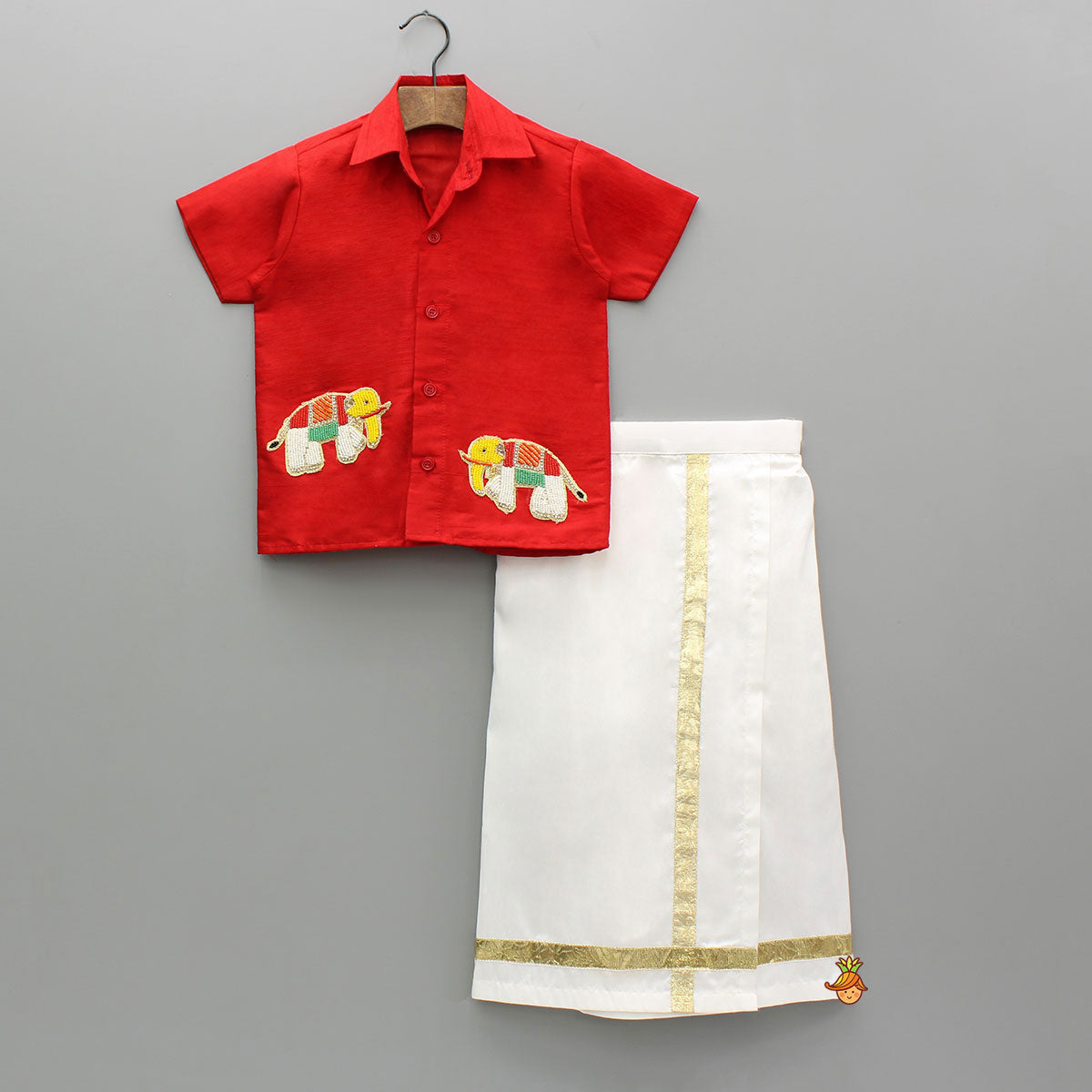 Multicolor Elephant Embroidered Red Mundu Shirt With Lungi And Angavastram (Shawl) Set