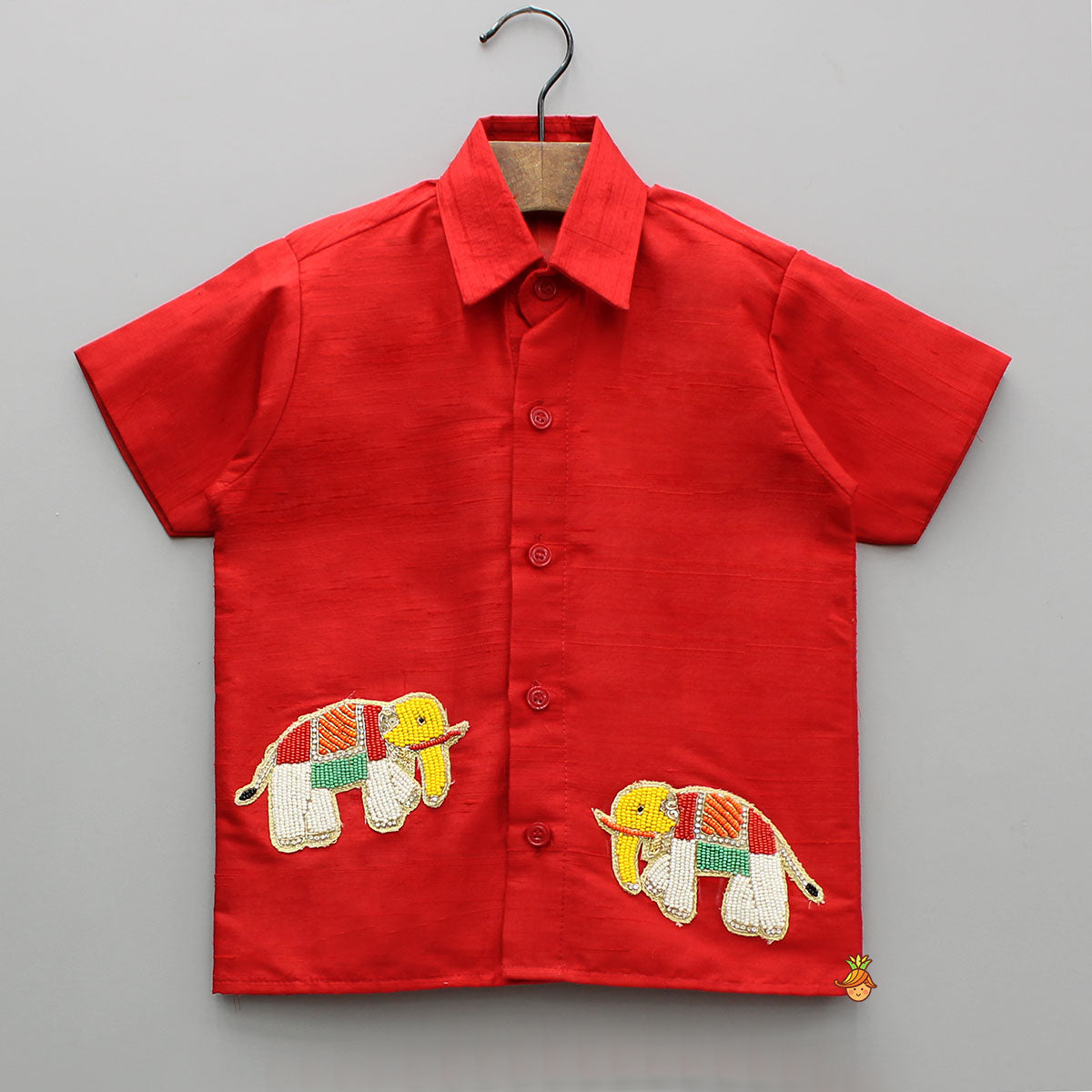 Multicolor Elephant Embroidered Red Mundu Shirt With Lungi And Angavastram (Shawl) Set
