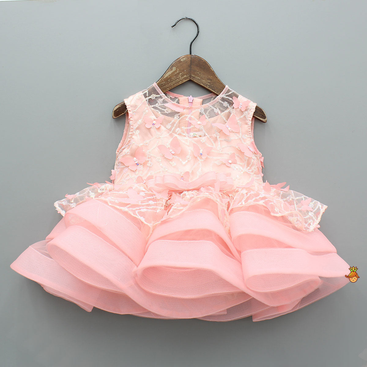 Butterfly Adorned Sequin Peach Net Ruffle Dress