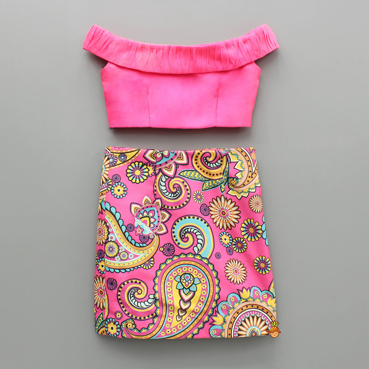 Off Shoulder Pink Organza Top With Multicolour Printed Skirt
