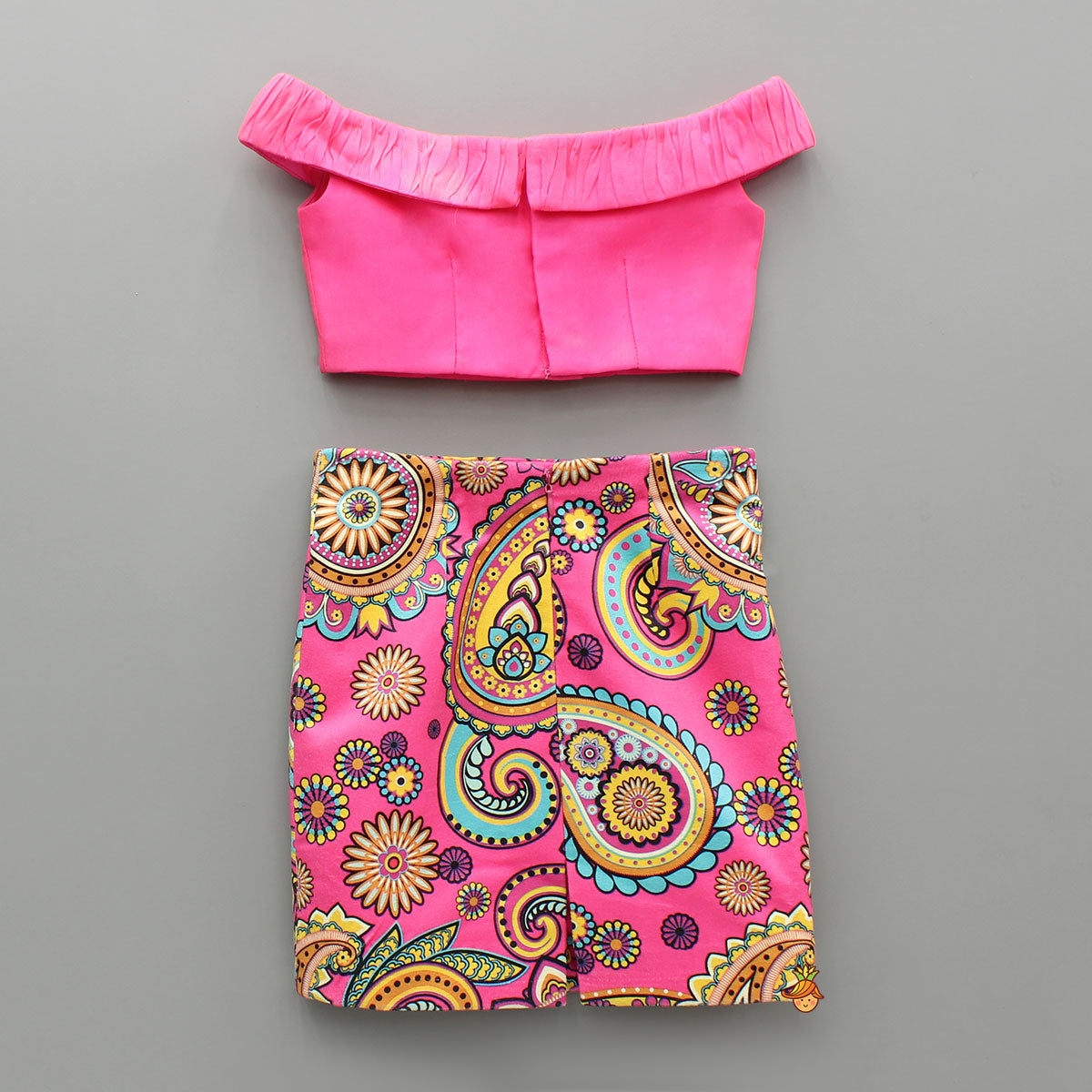 Off Shoulder Pink Organza Top With Multicolour Printed Skirt