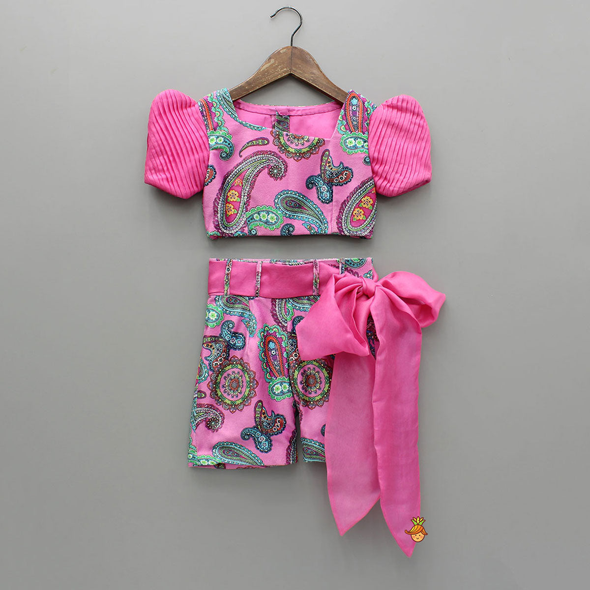 Pink Printed Velvet Top And Shorts With Ribbon Bow Belt